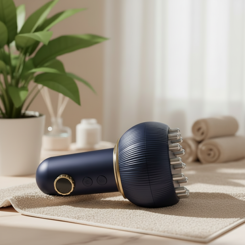 Masajeador Celeste tumbado sobre toalla clara