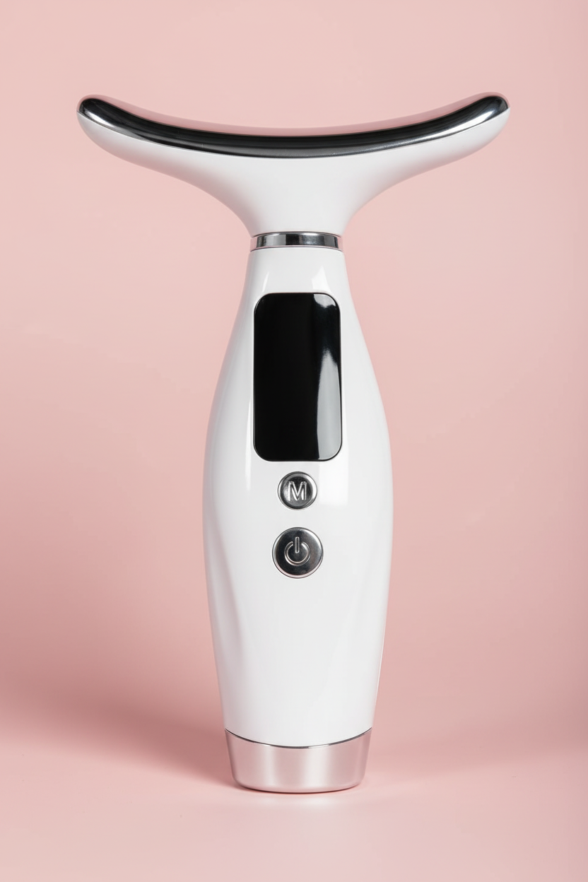 Masajeador facial vertical con fondo rosa